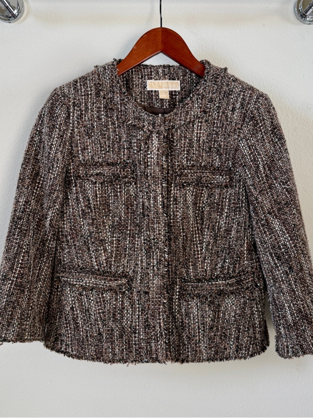 Michael Kors Women Blazer Brown & Cream Tweed Fringe-Trim Jacket size 8